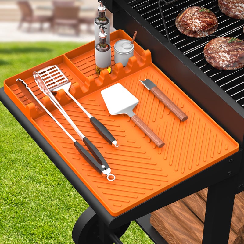 SARTNP Silicone Griddle Tools Mat for Blackstone, Griddle Accessories Side Shelf Mat Grill Pad for Outdoor Grill Kitchen Counter Spatula Silicone Mat with Drip Pad (Orange) - Image 1